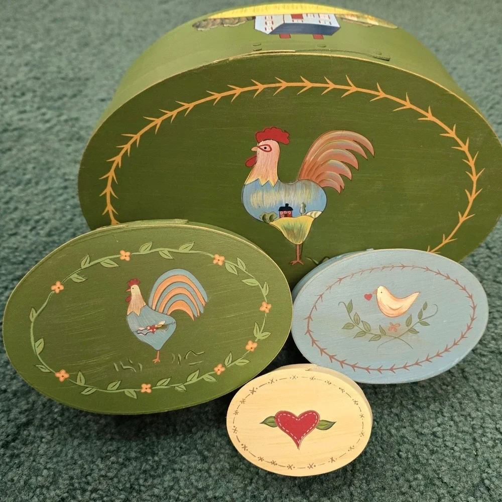 Vintage‎ Russ Primitive Folk Art Nesting Shaker Boxes 4 Rooster Farmhouse Green